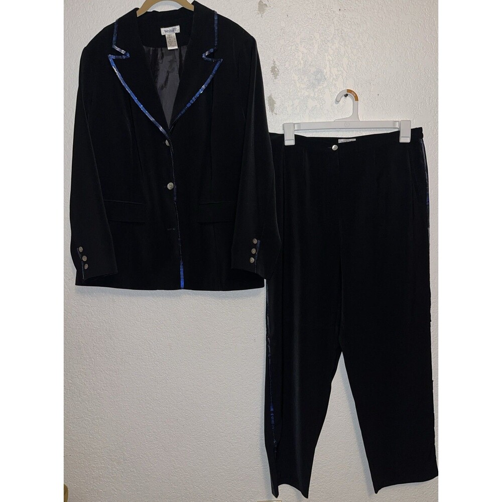 Anne Weyburn Pants Suit Blazer Sz 18 Pants Sz 16 Blue Sequin Trim
